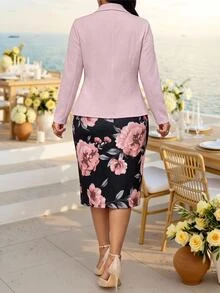 Fleurora Plus Size Women Solid Color Long Sleeve Jacket Floral Print Dress 2 Pieces Set Pink Elegant Business Casual Fall Cocktail Wedding Formal Purple - Multicolor - View 2