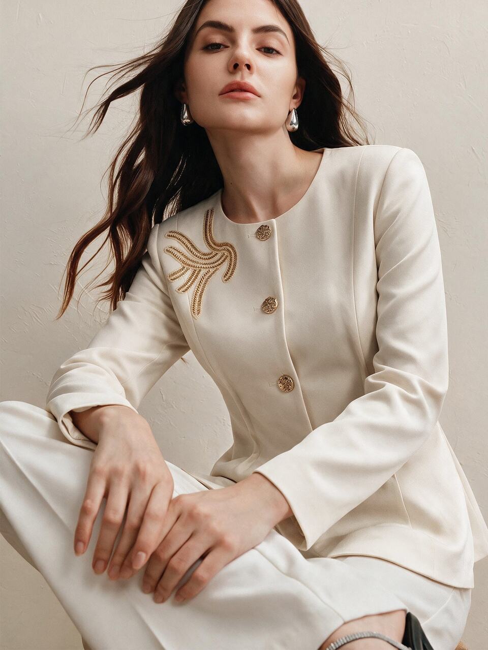 Anewsta Summer New Vintage Casual Elegant Round Neck Beaded Embroidery Metal Buckle Waist-Cinching A-Line Women's Blazer Jacket Office Business White