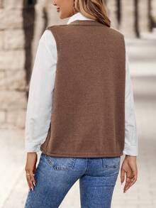 EMERY ROSE Women's V-Neck Single Breasted Pocketed Sleeveless Textured Loose Fit Sweater Vest For Daily Casual Wear In Fall/Winter - Brown - View 2