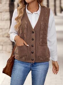 EMERY ROSE Women's V-Neck Single Breasted Pocketed Sleeveless Textured Loose Fit Sweater Vest For Daily Casual Wear In Fall/Winter - Brown - View 3