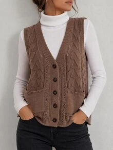 EMERY ROSE Women's V-Neck Single Breasted Pocketed Sleeveless Textured Loose Fit Sweater Vest For Daily Casual Wear In Fall/Winter - Brown - View 1