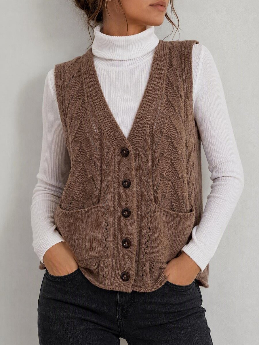 EMERY ROSE Women's V-Neck Single Breasted Pocketed Sleeveless Textured Loose Fit Sweater Vest For Daily Casual Wear In Fall/Winter - Brown - View 1