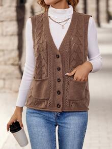 EMERY ROSE Women's V-Neck Single Breasted Pocketed Sleeveless Textured Loose Fit Sweater Vest For Daily Casual Wear In Fall/Winter - Brown - View 6