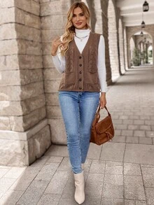 EMERY ROSE Women's V-Neck Single Breasted Pocketed Sleeveless Textured Loose Fit Sweater Vest For Daily Casual Wear In Fall/Winter - Brown - View 4
