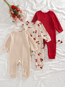 SHEIN Vintaside Kids 3pcs Baby Girls Autumn Cherry Print Envelope Collar Ribbed Knit Jumpsuit Embroidered Red Long Sleeve Cute Set Fall Round Neck Going Out - Red - View 3