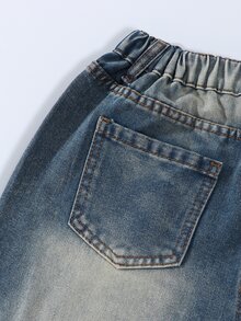 SHEIN ChillGRL Teen Girl Vintage Cute Distressed Blue Denim Jeans Streetwear Summer Back-To-School Graduation Ripped Relaxed Fit Elastic Waist Washed Casual Pant - Dark Wash - View 7