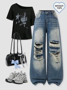 SHEIN ChillGRL Teen Girl Vintage Cute Distressed Blue Denim Jeans Streetwear Summer Back-To-School Graduation Ripped Relaxed Fit Elastic Waist Washed Casual Pant - Dark Wash - View 5