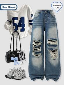 SHEIN ChillGRL Teen Girl Vintage Cute Distressed Blue Denim Jeans Streetwear Summer Back-To-School Graduation Ripped Relaxed Fit Elastic Waist Washed Casual Pant - Dark Wash - View 2