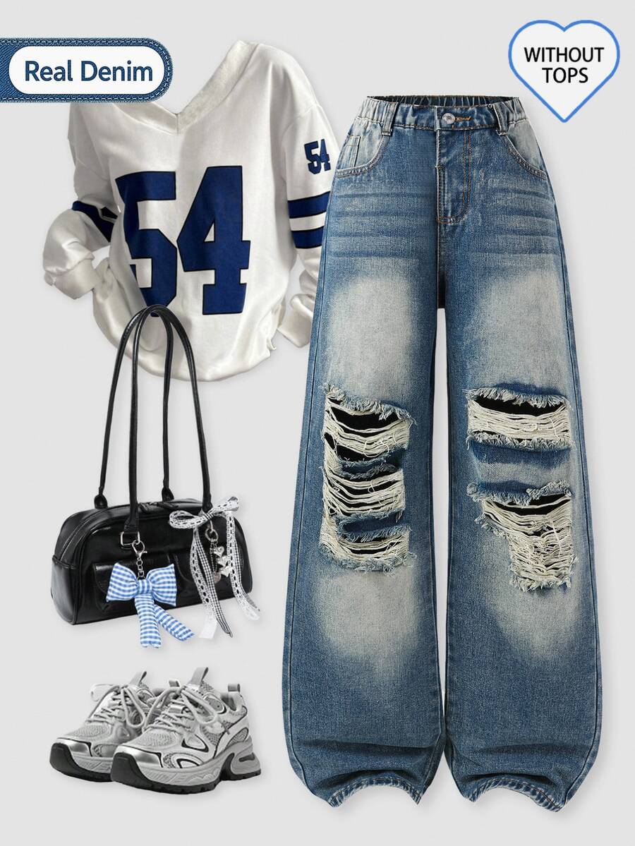 SHEIN ChillGRL Teen Girl Vintage Cute Distressed Blue Denim Jeans Streetwear Summer Back-To-School Graduation Ripped Relaxed Fit Elastic Waist Washed Casual Pant
