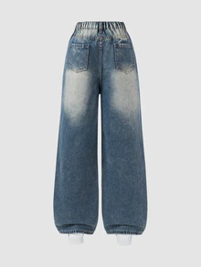 SHEIN ChillGRL Teen Girl Vintage Cute Distressed Blue Denim Jeans Streetwear Summer Back-To-School Graduation Ripped Relaxed Fit Elastic Waist Washed Casual Pant - Dark Wash - View 3