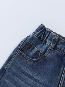 女童 3D 蝴蝶結刺繡字母寬腿牛仔褲，復古藍色，甜酷街頭牛仔女孩風，夏季返校穿搭 - 深色水洗藍 - 查看 5