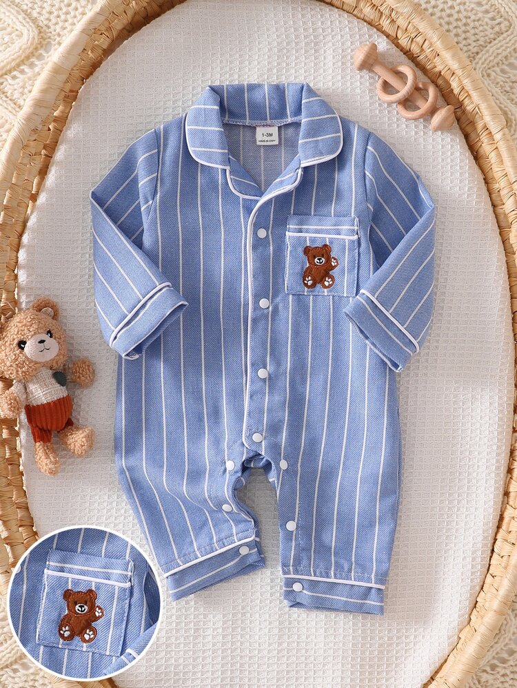 SHEIN Newborn Cotton Blend Blue & White Vertical Striped Romper With Front Pocket, Exquisite Bear Embroidery, Dark Blue Contrast Trim, Turn-Down Collar, Long Sleeve, Long Pants, Crawling Suit, Loungewear - Blue - View 3
