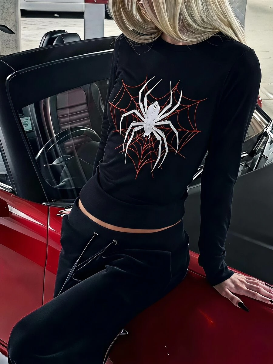 SHEIN Teen Girls Fall Tops Black Printed Pattern Design Long Sleeve Casual Versatile T-Shirt, Suitable For Spring And Autumn - Black - View 1