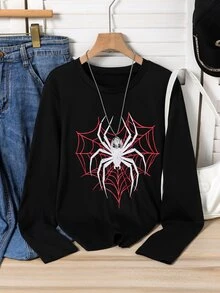 SHEIN Teen Girls Fall Tops Black Printed Pattern Design Long Sleeve Casual Versatile T-Shirt, Suitable For Spring And Autumn - Black - View 8