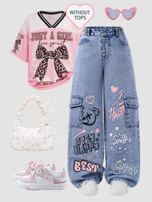 SHEIN 青少年女孩藍色夏季畢業街頭時尚休閒大學風粉色愛心英文印花側口袋工裝寬腿牛仔褲派對 - 淺色水洗藍 - 查看 4