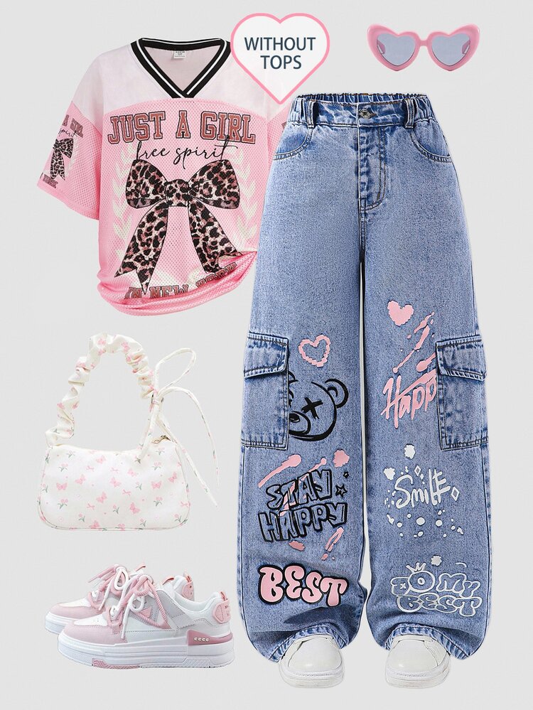 SHEIN Teen Girl Blue Summer Graduation Street Fashion Casual College Style Pink HeartEnglish Print Side Pockets Cargo Pants Wide Leg Jeans Party - Light Wash - View 3