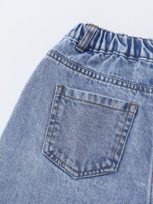 SHEIN 青少年女孩藍色夏季畢業街頭時尚休閒大學風粉色愛心英文印花側口袋工裝寬腿牛仔褲派對 - 淺色水洗藍 - 查看 6