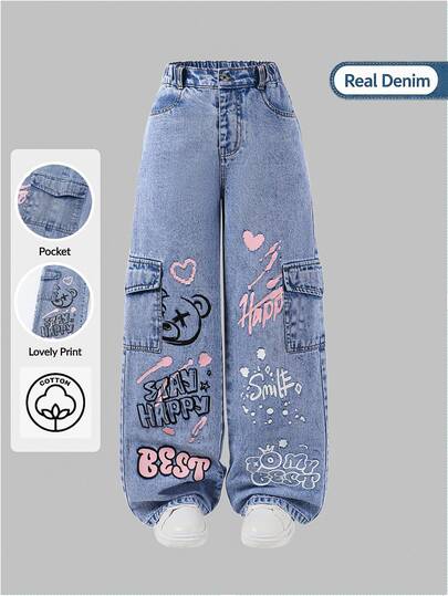 SHEIN Teen Girl Blue Summer Y2k Streetwear Graduation Street Fashion Casual College Style Pink HeartEnglish Print Side Pockets Cargo Pants Wide Leg Jeans