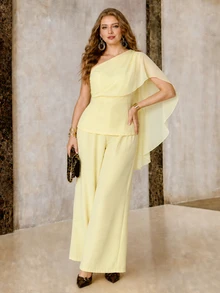 Roveilla Women's Plus Size Elegant Celestial Ribbon 2 Pieces Set, Solid Color Loose Elastic Wedding Cocktail Formal Theme Party Evening Soft Yellow Summer - Yellow - View 6