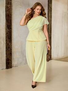 Roveilla Women's Plus Size Elegant Celestial Ribbon 2 Pieces Set, Solid Color Loose Elastic Wedding Cocktail Formal Theme Party Evening Soft Yellow Summer - Yellow - View 4