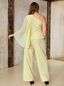 Roveilla Women's Plus Size Elegant Celestial Ribbon 2 Pieces Set, Solid Color Loose Elastic Wedding Cocktail Formal Theme Party Evening Soft Yellow Summer - Yellow - View 2