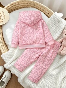 SHEIN Playful Pals 嬰兒女寶寶厚抓絨內裡粉色豹紋連帽衛衣與長褲2件套，長袖休閒套裝，適合秋冬 - 粉色 - 查看 2