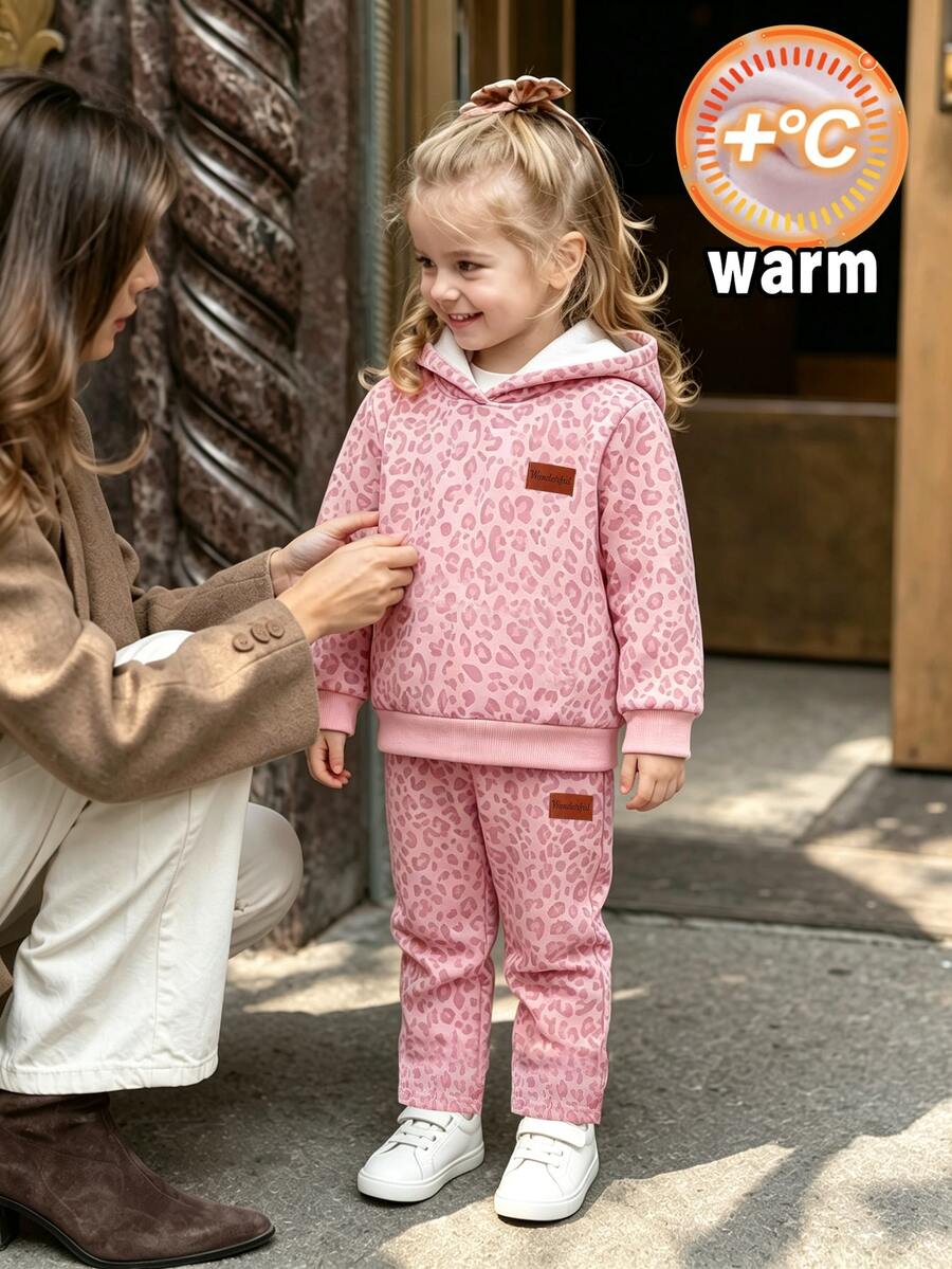SHEIN Playful Pals 嬰兒女寶寶厚抓絨內裡粉色豹紋連帽衛衣與長褲2件套,長袖休閒套裝,適合秋冬 - 粉色 - 查看 1