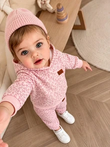 SHEIN Playful Pals 嬰兒女寶寶厚抓絨內裡粉色豹紋連帽衛衣與長褲2件套，長袖休閒套裝，適合秋冬 - 粉色 - 查看 9