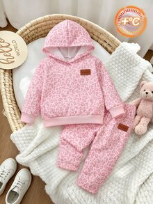 SHEIN Playful Pals 嬰兒女寶寶厚抓絨內裡粉色豹紋連帽衛衣與長褲2件套，長袖休閒套裝，適合秋冬 - 粉色 - 查看 3