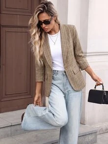 Easowa Curve Plus Size Women's Plaid Casual Versatile Commute Travel Blazer Office Brown Summer - Multicolor - View 4