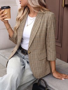 Easowa Curve Plus Size Women's Plaid Casual Versatile Commute Travel Blazer Office Brown Summer - Multicolor - View 6