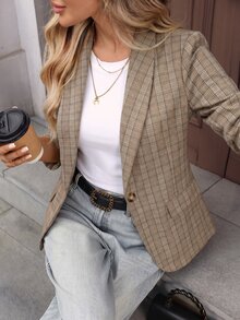 Easowa Curve Plus Size Women's Plaid Casual Versatile Commute Travel Blazer Office Brown Summer - Multicolor - View 8