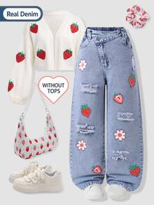 Tween Girls' Light Blue Denim Straight Leg Jeans, Strawberry Print, High-Waisted Elastic Waist, Cute, School Gym, Back-To-School, Summer - Light Wash - View 2