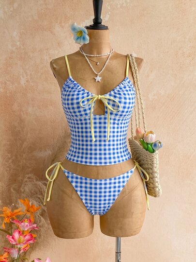 Bellisia Bikini de dos piezas a cuadros azul & blanco con amarre amarillo para mujer, escote en V, tirantes finos con cordón, cintura ceñida, traje de baño corto para playa, vacaciones y aguas termales