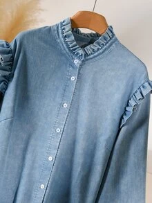CosyJoli Plus Size Women's Long Sleeve Washed Shirt, Blue Button-Down Shirt, Casual Women's Clothing Fall - Blue - View 6