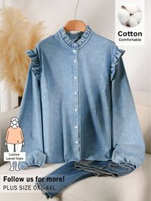 CosyJoli Plus Size Women's Long Sleeve Washed Shirt, Blue Button-Down Shirt, Casual Women's Clothing Fall - Blue - View 2