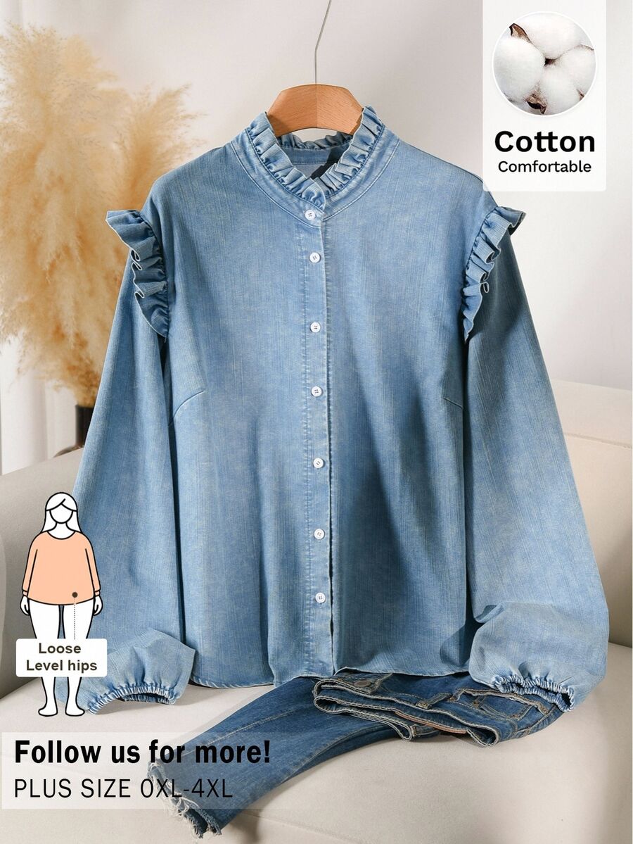 CosyJoli Plus Size Women's Long Sleeve Washed Shirt, Blue Button-Down Shirt, Casual Women's Clothing Fall