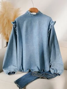CosyJoli Plus Size Women's Long Sleeve Washed Shirt, Blue Button-Down Shirt, Casual Women's Clothing Fall - Blue - View 3