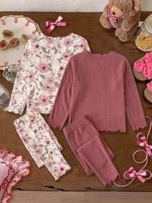 女童休閒日常百搭舒適長袖上衣與長褲家居服套裝 - 彩色 - 查看 5