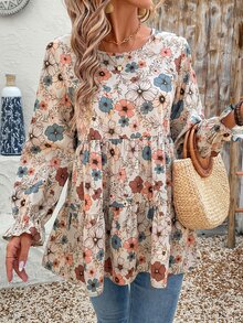 EMERY ROSE Women's Floral Print Ruffle Hem Loose Fit Round Neck Long Sleeve Blouse, Vacation Autumn Clothes Vacation Beige Boho Fall - Multicolor - View 6
