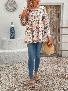 EMERY ROSE Women's Floral Print Ruffle Hem Loose Fit Round Neck Long Sleeve Blouse, Vacation Autumn Clothes Vacation Beige Boho Fall - Multicolor - View 4