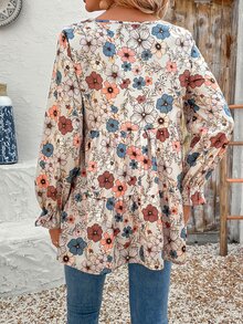 EMERY ROSE Women's Floral Print Ruffle Hem Loose Fit Round Neck Long Sleeve Blouse, Vacation Autumn Clothes Vacation Beige Boho Fall - Multicolor - View 8