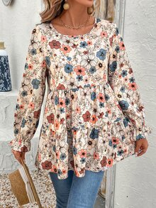 EMERY ROSE Women's Floral Print Ruffle Hem Loose Fit Round Neck Long Sleeve Blouse, Vacation Autumn Clothes Vacation Beige Boho Fall - Multicolor - View 3