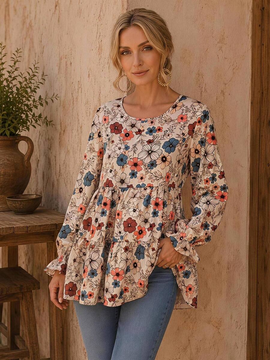 EMERY ROSE Women's Floral Print Ruffle Hem Loose Fit Round Neck Long Sleeve Blouse, Vacation Autumn Clothes Vacation Beige Boho Fall - Multicolor - View 1