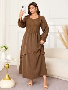 Lacomfia Gaun Panjang Wanita Ukuran Besar Model A-Line Longgar Kasual Leher Bulat Lengan Panjang Rajut & Tenun Patchwork Musim Gugur - Coklat - View 6