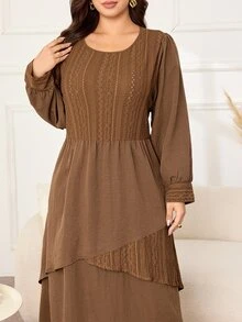 Lacomfia Gaun Panjang Wanita Ukuran Besar Model A-Line Longgar Kasual Leher Bulat Lengan Panjang Rajut & Tenun Patchwork Musim Gugur - Coklat - View 7