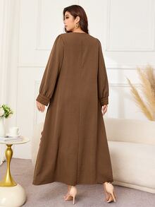 Lacomfia Gaun Panjang Wanita Ukuran Besar Model A-Line Longgar Kasual Leher Bulat Lengan Panjang Rajut & Tenun Patchwork Musim Gugur - Coklat - View 3