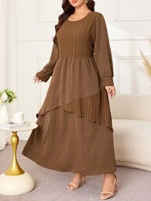 Lacomfia Gaun Panjang Wanita Ukuran Besar Model A-Line Longgar Kasual Leher Bulat Lengan Panjang Rajut & Tenun Patchwork Musim Gugur - Coklat - View 5
