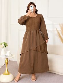 Lacomfia Gaun Panjang Wanita Ukuran Besar Model A-Line Longgar Kasual Leher Bulat Lengan Panjang Rajut & Tenun Patchwork Musim Gugur - Coklat - View 8