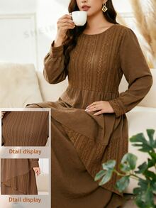 Lacomfia Gaun Panjang Wanita Ukuran Besar Model A-Line Longgar Kasual Leher Bulat Lengan Panjang Rajut & Tenun Patchwork Musim Gugur - Coklat - View 2